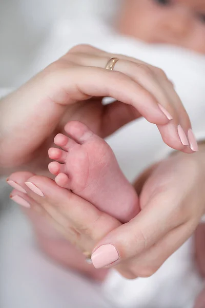 Füße Des Neugeborenen Auf Der Handfläche Der Mutter Glückliche Familie — Stockfoto