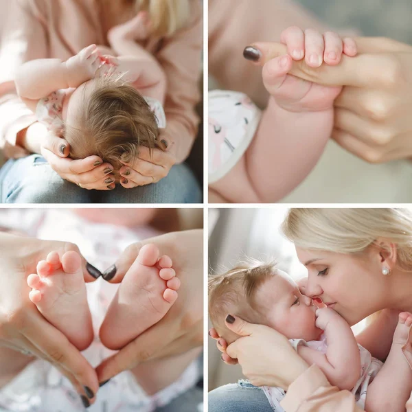 Collage aus vier Fotos von Mutter und Neugeborenem — Stockfoto
