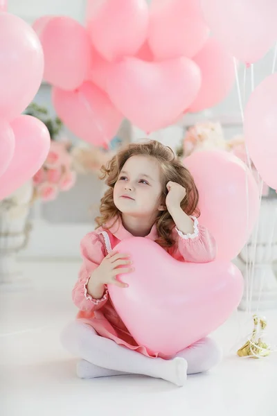 Little Girl Years Long Curly Hair Dressed Pink Dress White — Stock Photo, Image