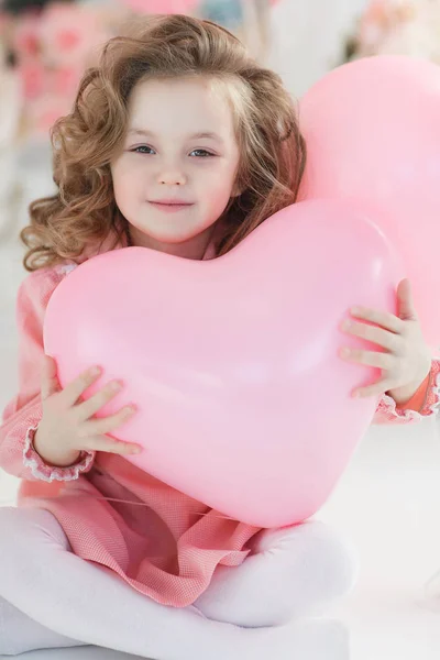 Little Girl Years Long Curly Hair Dressed Pink Dress White — Stock Photo, Image