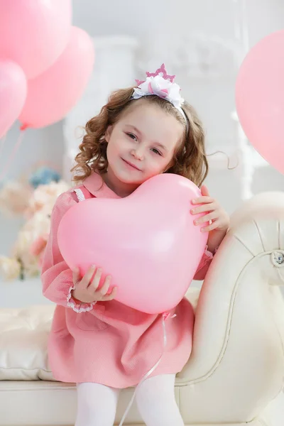 Little Girl Years Long Curly Hair Dressed Pink Dress White — Stock Photo, Image