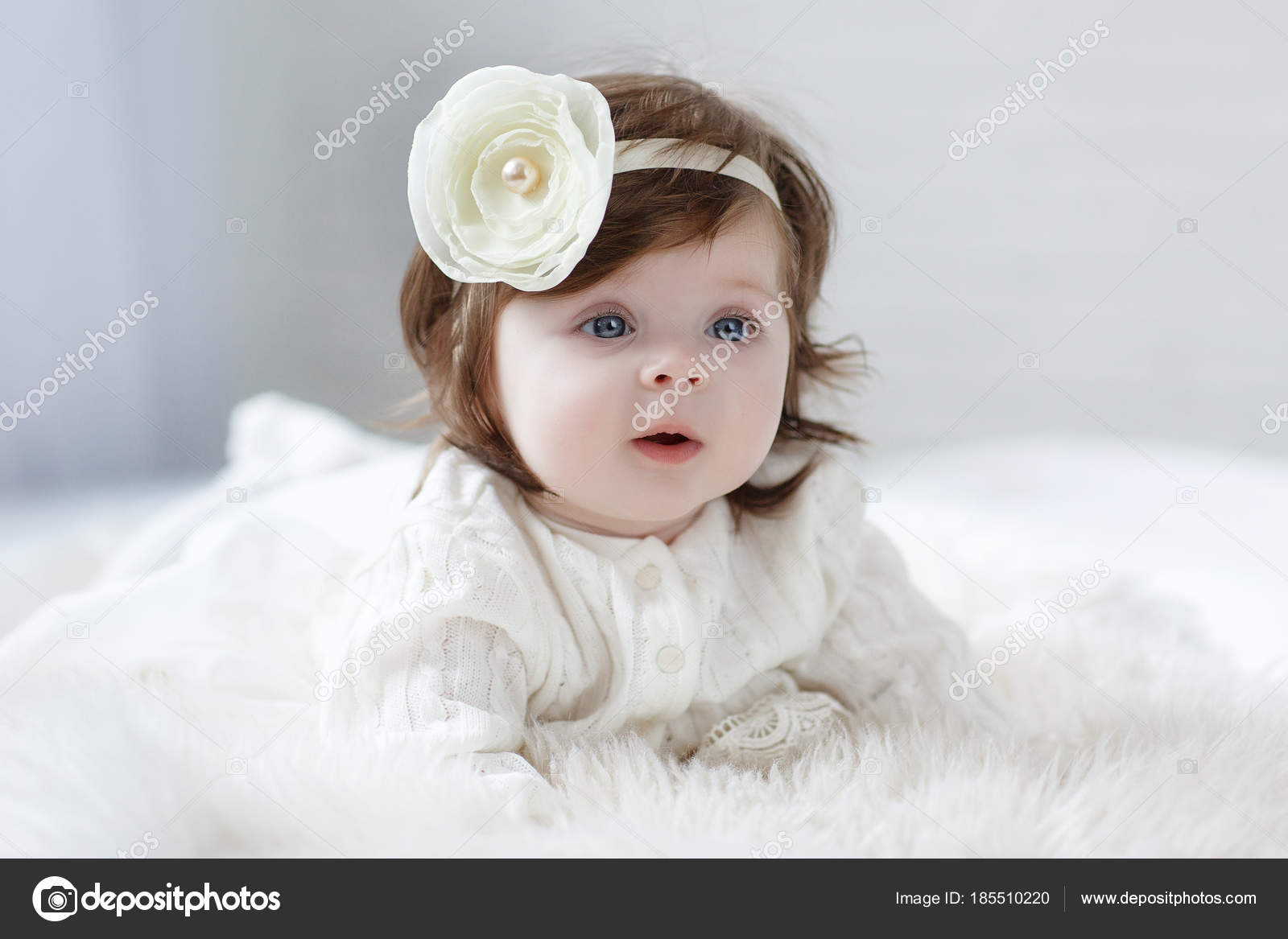 Close Six Seven Months Old Baby Girl Blue Eyes Newborn Stock Photo