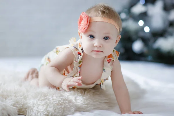 Close Uma Menina Oito Nove Meses Idade Com Olhos Azuis — Fotografia de Stock