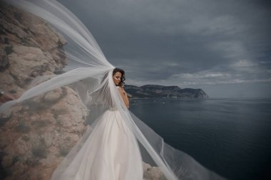 Güzel gelin peçe bir göz alıcı beyaz düğün elbise görünümünde deniz cliff üzerinde duruyor. Romantik arka plan denizin üzerinde poz beyaz elbiseli güzel gelin. Sahilde poz lüks elbiseli mutlu gelin. Düğün günün kutlu olsun.