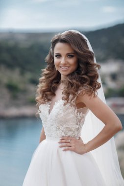 Güzel gelin peçe bir göz alıcı beyaz düğün elbise görünümünde deniz cliff üzerinde duruyor. Romantik arka plan denizin üzerinde poz beyaz elbiseli güzel gelin. Sahilde poz lüks elbiseli mutlu gelin. Düğün günün kutlu olsun.