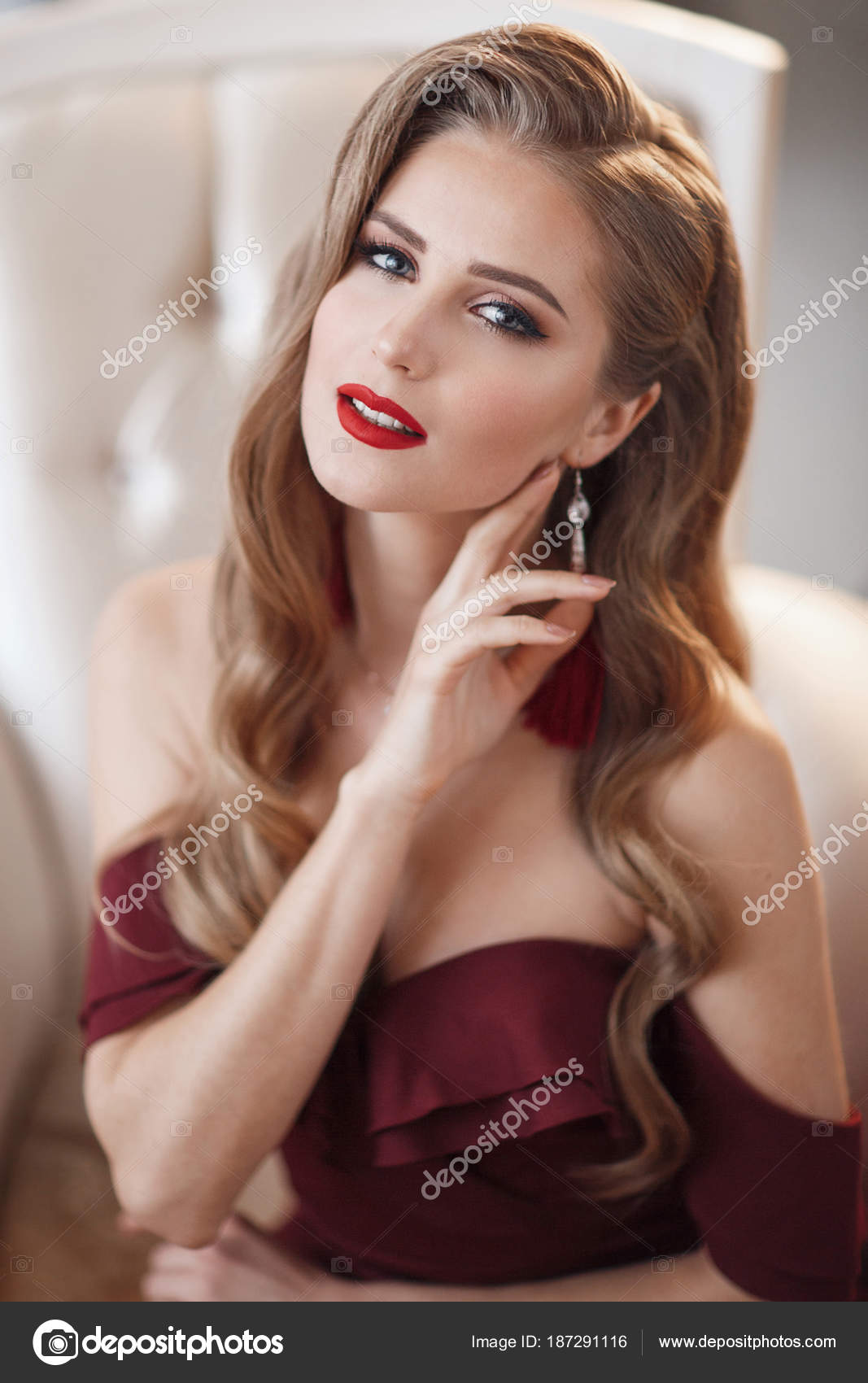 Beautiful Sexy Lady Elegant Burgundy Dress Close Fashion Portrait