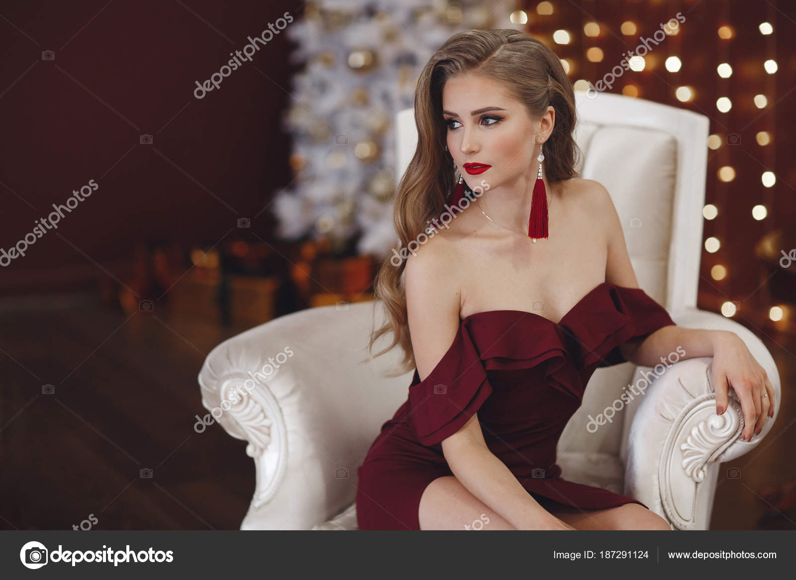 Beautiful Sexy Lady Elegant Burgundy Dress Close Fashion Portrait