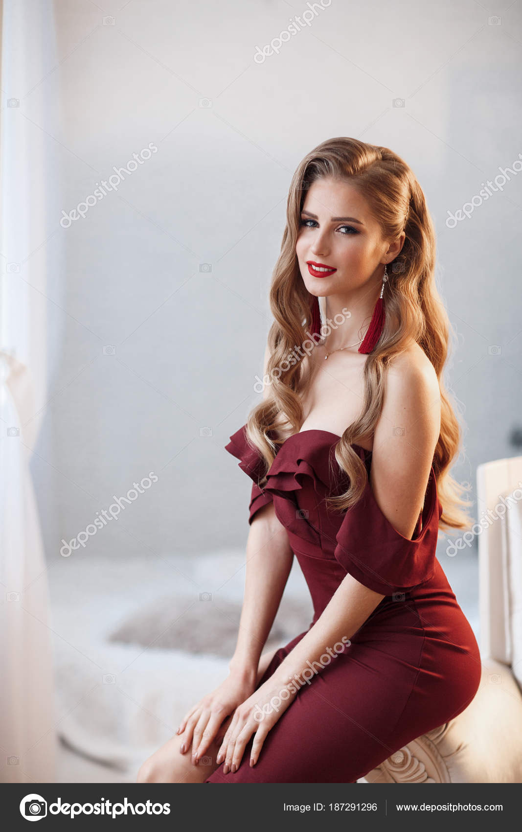 Beautiful Sexy Lady Elegant Burgundy Dress Close Fashion Portrait