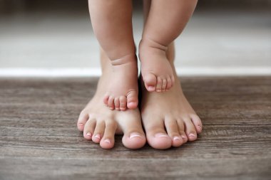 Bebeğin bacakları annenin ayaklarının üzerinde durur, anne küçük oğluna destek olur. Oturma odasında sevimli bebeğin ve annenin ayakları yere basar. Anne ve bebeğin bacakları. İlk adımlar. Anne çocuğuna ayakta durmayı ve dengeyi sağlamayı öğretiyor.