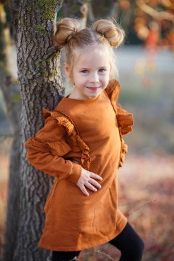 Gün batımında güzel bir sonbahar parkında fotoğrafçı için poz veren tatlı bir kız. Küçük moda tutkunu. Sonbahar yapraklarıyla gülümseyen küçük bir kız. Kızlar sonbahar stili. Küçük kız sonbahar mevsimi için heyecanlı. Sıcak mevsim hoş anlar..