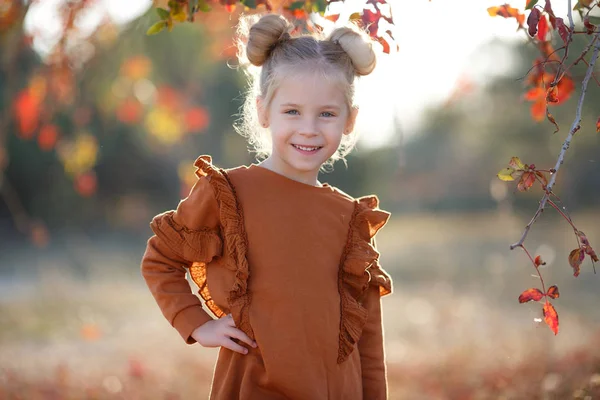 Gün batımında güzel bir sonbahar parkında fotoğrafçı için poz veren tatlı bir kız. Küçük moda tutkunu. Sonbahar yapraklarıyla gülümseyen küçük bir kız. Kızlar sonbahar stili. Küçük kız sonbahar mevsimi için heyecanlı. Sıcak mevsim hoş anlar..