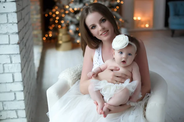 Home Portrait Mother Baby Night Christmas Christmas Happy New Year — Stock Photo, Image