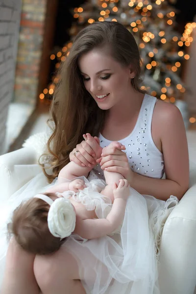 Casa Ritratto Madre Bambino Notte Prima Natale Natale Felice Anno — Foto Stock