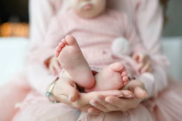 Happy Young Family Mother Holding Foot Her Firstborn Caring Mother — Stock Photo, Image