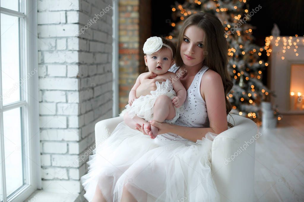Home portrait of mother and baby on the night before Christmas.Christmas and Happy New Year Holidays. Family, mother and child concept. Happy mom and her cute baby girl in white having fun  sitting together near Christmas tree indoors.