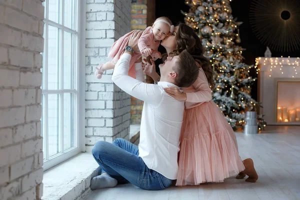 Happy Family Father Mother Little Daughter Spend Time Together Christmas — Stock Photo, Image