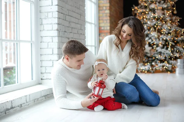 Happy Family Father Mother Little Daughter Spend Time Together Christmas — Stock Photo, Image