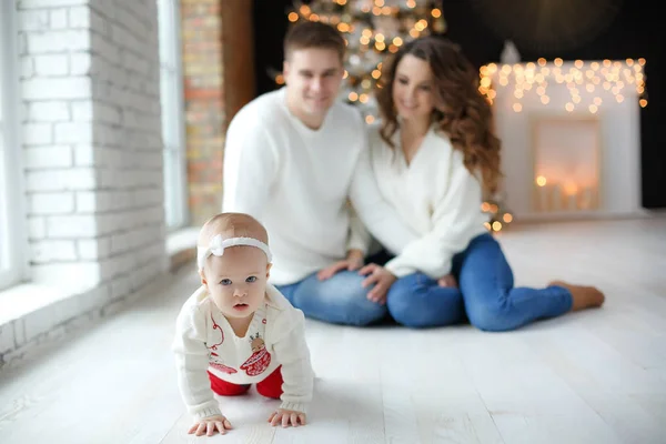 Happy Family Father Mother Little Daughter Spend Time Together Christmas — Stock Photo, Image