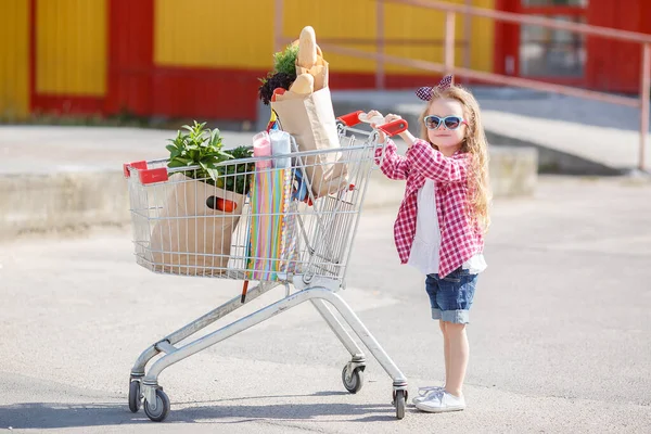 Niño Adorable Bebé Con Carro Elegir Verduras Frescas Tienda Local — Foto de Stock