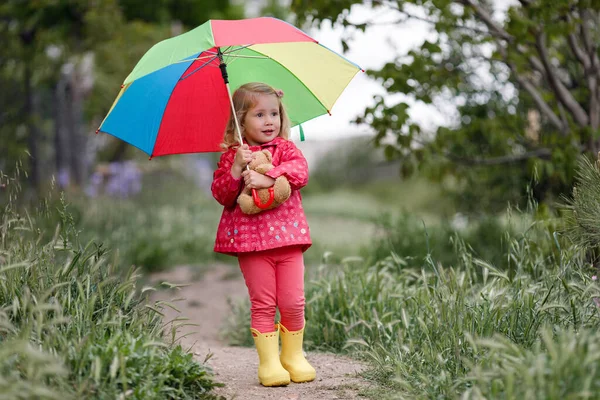 Happy Funny Beautiful Blonde Blue Eyes Child Rainbow Colorful Umbrella — Stock Photo, Image