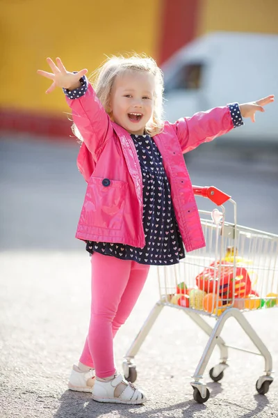 Schattig Baby Kind Met Trolley Kiezen Van Verse Groenten Lokale — Stockfoto