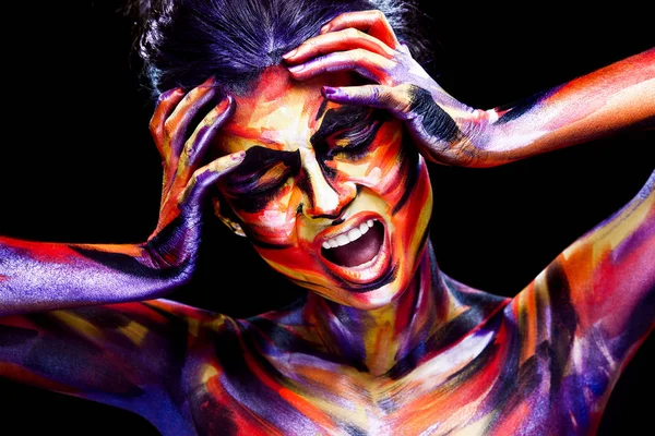 Portrait of the bright beautiful girl with art colorful make-up and bodyart — Stock Photo, Image