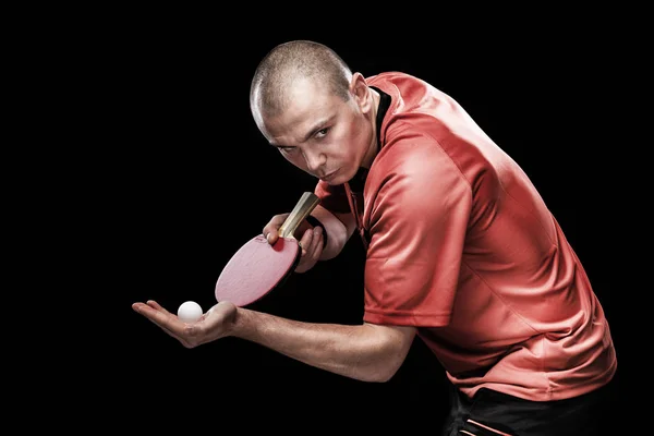 Portrait of sports man, male, athlete playing table tennis isolated on black background — Stock Photo, Image