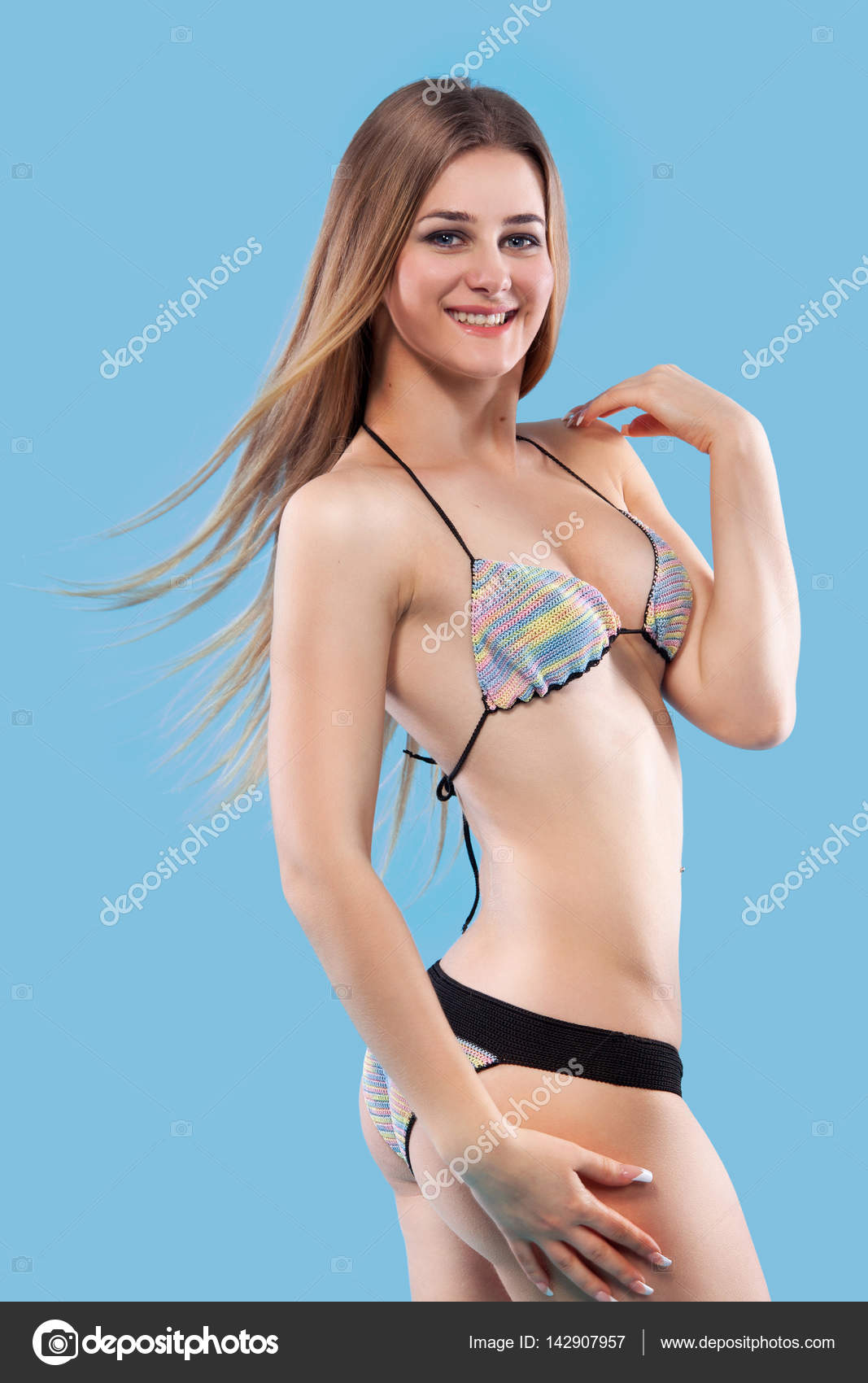 Swimwear Sexy Blonde Woman Color Wearing Pink Background On Posing OXnk8N0Pw