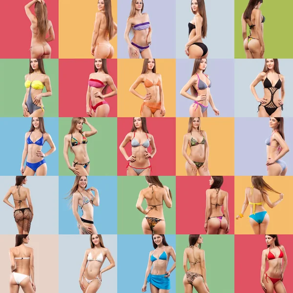 Collection of women on colored backgrounds in bikini. Summer advertismenet. — Stock Photo, Image