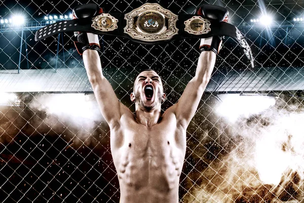 Boxer with Champion belt celebrating flawless victory in boxing cage. Background with lights and smoke. Copy Space. Sport concept. — Stock Photo, Image