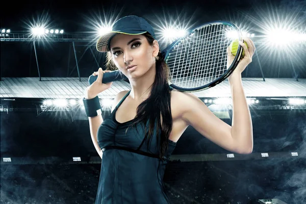 Beautiful sport woman tennis player with racket in blue costume — Stock Photo, Image