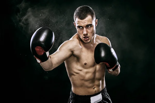 Sportsman Muay Thai Boxer Celebrating Flawless Victory in Boxing Cage.  Isolated on Black Background with Smoke. Copy Stock Image - Image of  people, handsome: 91121441