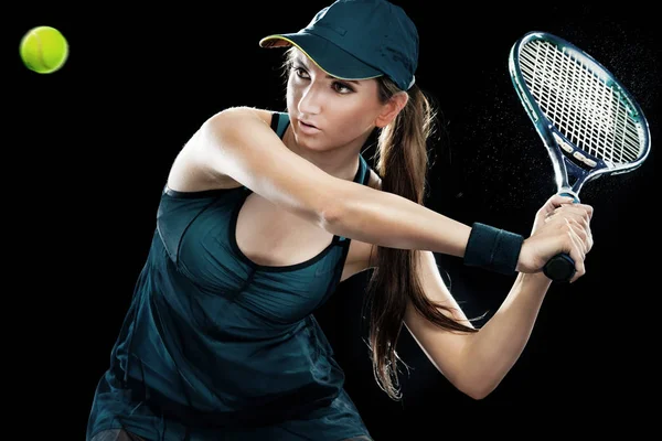 Beautiful sport woman tennis player with racket in blue costume — Stock Photo, Image