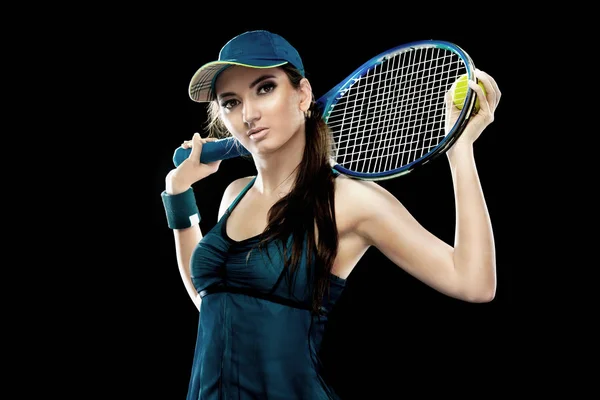 Beautiful sport woman tennis player with racket in blue costume — Stock Photo, Image