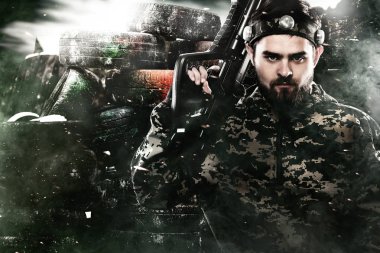 Ağır silahlı maskeli lasertag asker sonrası kıyamet arka plan üzerinde. Reklam kavramı.
