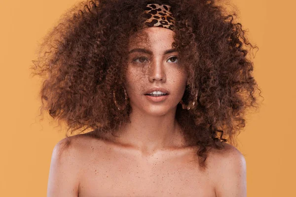 Ritratto di bellezza di ragazza con acconciatura afro. Ragazza in posa su sfondo giallo. Studio girato . — Foto Stock