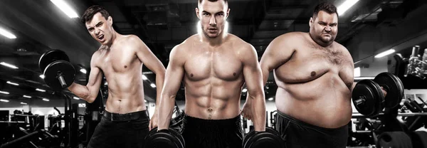 Yağ, uyum ve atletik erkek. Ectomorph, mesomorph ve endomorph. Önce ve sonra sonuç. Grup üç genç erkek spor - fitness modelleri tutan halter salonunda. — Stok fotoğraf