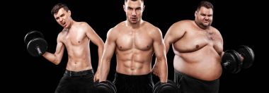 Ectomorph, mesomorph ve endomorph. Önce ve sonra sonuç. Spor kavram. Grup üç genç erkek spor - fitness modelleri siyah arka plan üzerinde halter tutar. Yağ, uyum ve atletik erkek.