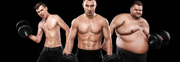 蒙古族、 胚和体型。之前和之后的结果。体育概念。集团的三个青年体育男人-健身模式认为哑铃在黑色背景上。脂肪，适合和健壮的男士们. — 图库照片
