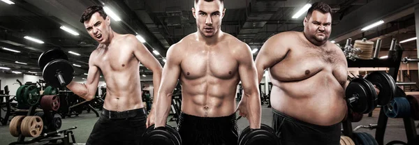 Fat, fit and athletic men. Ectomorph, mesomorph and endomorph. Sport concept. Before and after result. Group of three young sports men - fitness models holds the dumbbell in gym.