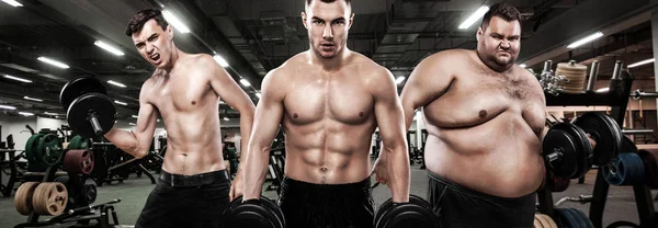 Yağ, uyum ve atletik erkek. Ectomorph, mesomorph ve endomorph. Spor kavram. Önce ve sonra sonuç. Grup üç genç erkek spor - fitness modelleri tutan halter salonunda.