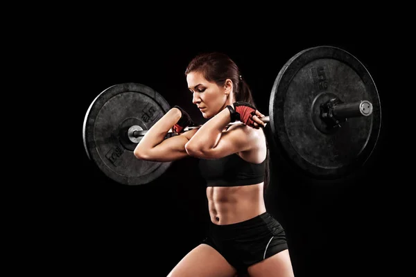 Desportivo anf ajuste bela mulher exercitando crossfit formação com barbell. Motivação de treino Crossfit . — Fotografia de Stock