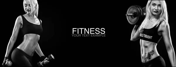 Sportovní a fit blonďatá žena s činka cvičení na černém pozadí zůstat fit. Cvičení a fitness motivaci. — Stock fotografie
