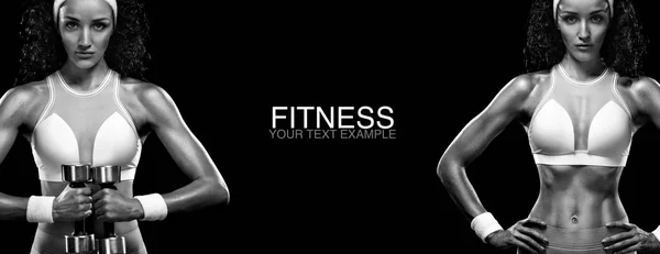 Спортивная и здоровая женщина с гантели упражнения на черном фоне, чтобы оставаться в форме. Мотивация тренировок и фитнеса . — стоковое фото