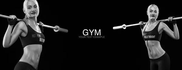 运动和健康金发女人用哑铃锻炼在黑色的背景留下适合。锻炼和健身的动机. — 图库照片