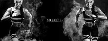 Spor, fitness ve spor motivasyon kavramı kopya alanı ile gündoğumu giyiyor çalışan bir güçlü atletik, kadın sprinter,.