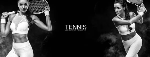 体育概念。体育女子网球运动员与球拍。复制空间。黑白照片。网球海报. — 图库照片