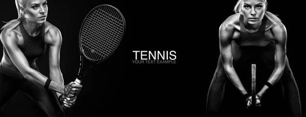 体育概念。体育女子网球运动员与球拍。复制空间。黑白照片。网球海报. — 图库照片