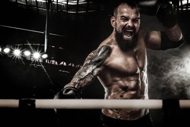 Sporcu muay Taylandlı boksör boks ringde mücadele. Arka plan ile ışık ve duman. Uzay kopyalayın. Spor kavramı.