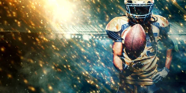 American football sportsman player on stadium running in action. Sport wallpaper with copyspace. — Stock Photo, Image
